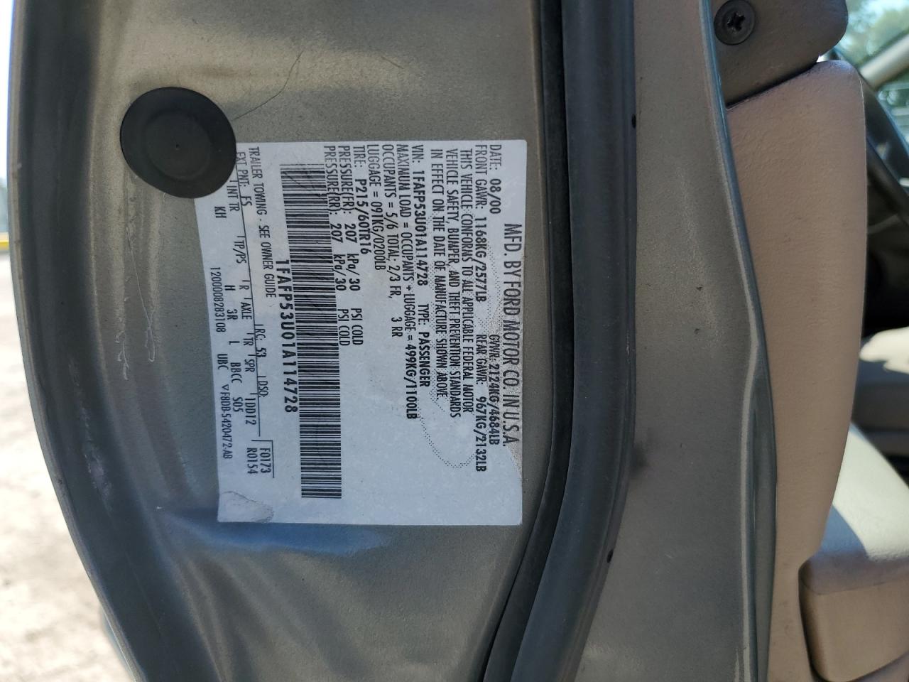 2001 Ford Taurus Se VIN: 1FAFP53U01A114728 Lot: 71487395