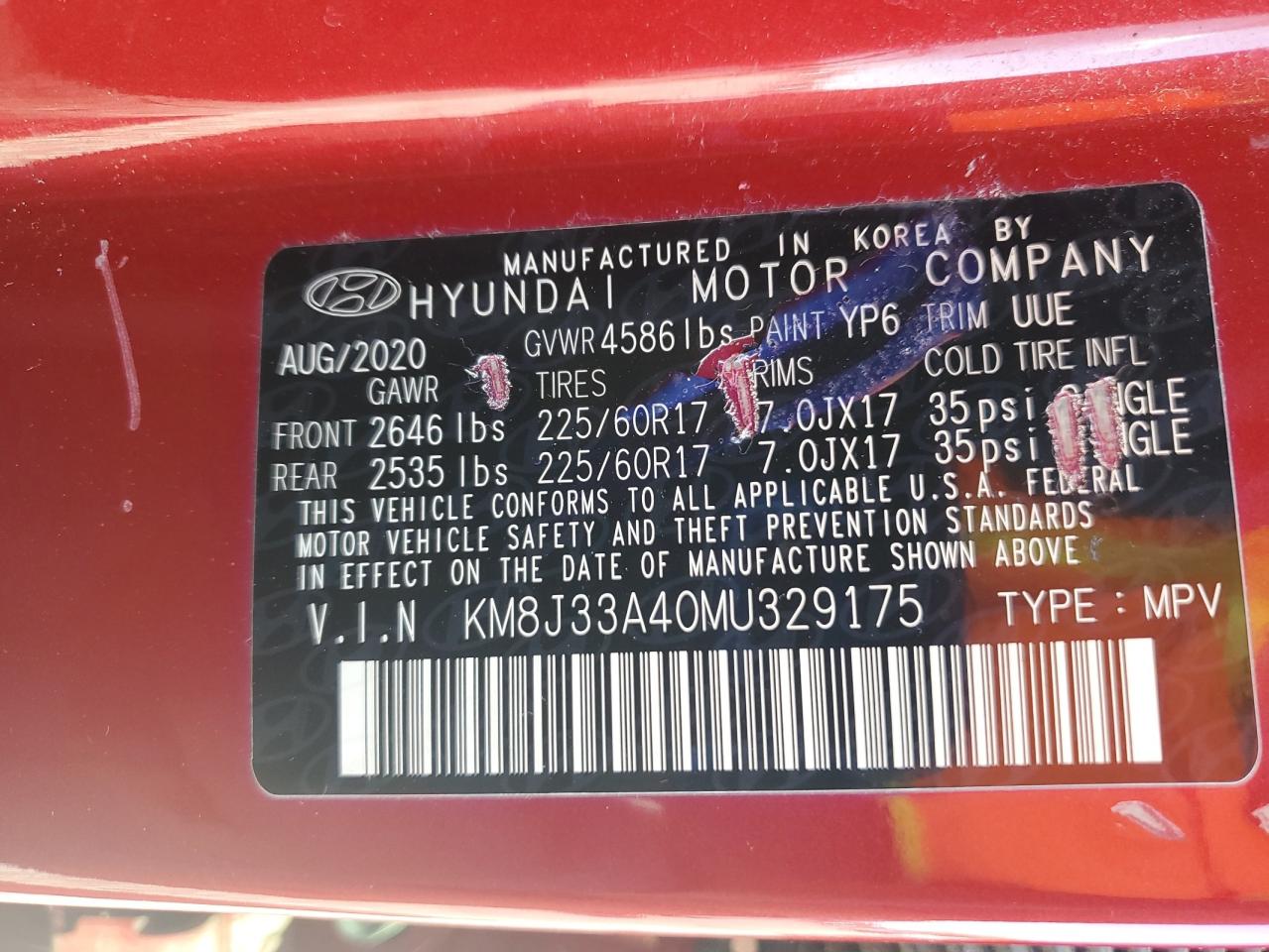 2021 Hyundai Tucson Limited VIN: KM8J33A40MU329175 Lot: 83830025