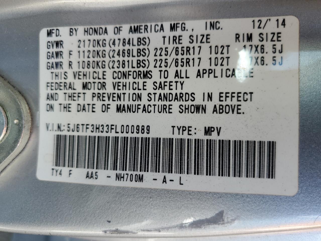2015 Honda Crosstour Ex VIN: 5J6TF3H33FL000989 Lot: 71589585
