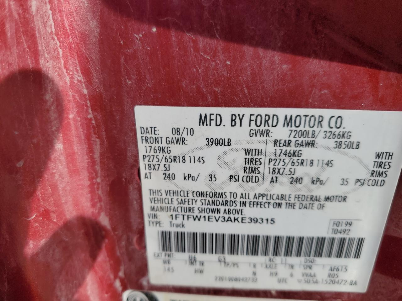 2010 Ford F150 Supercrew VIN: 1FTFW1EV3AKE39315 Lot: 81370995