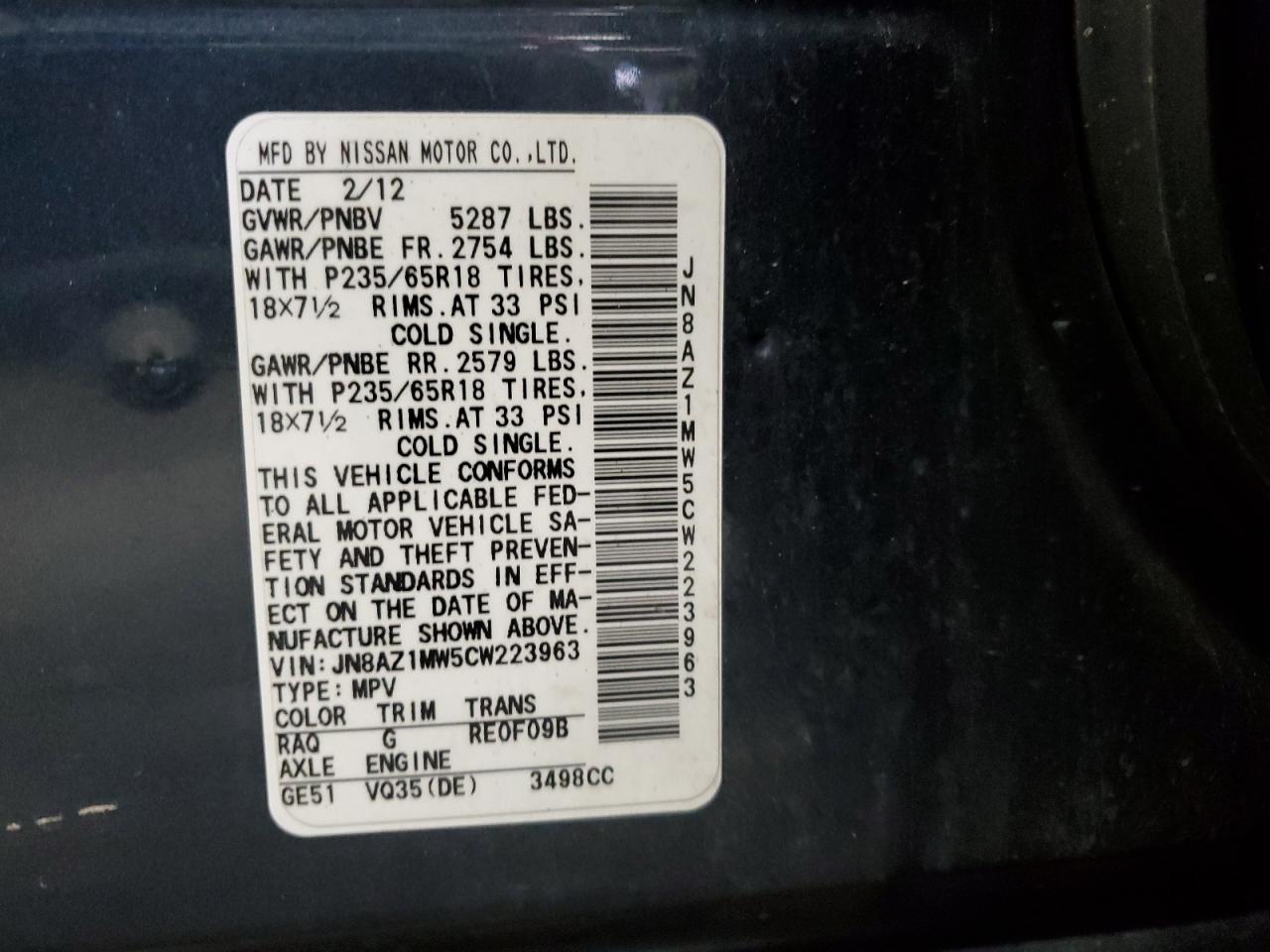 2012 Nissan Murano S VIN: JN8AZ1MW5CW223963 Lot: 81817005