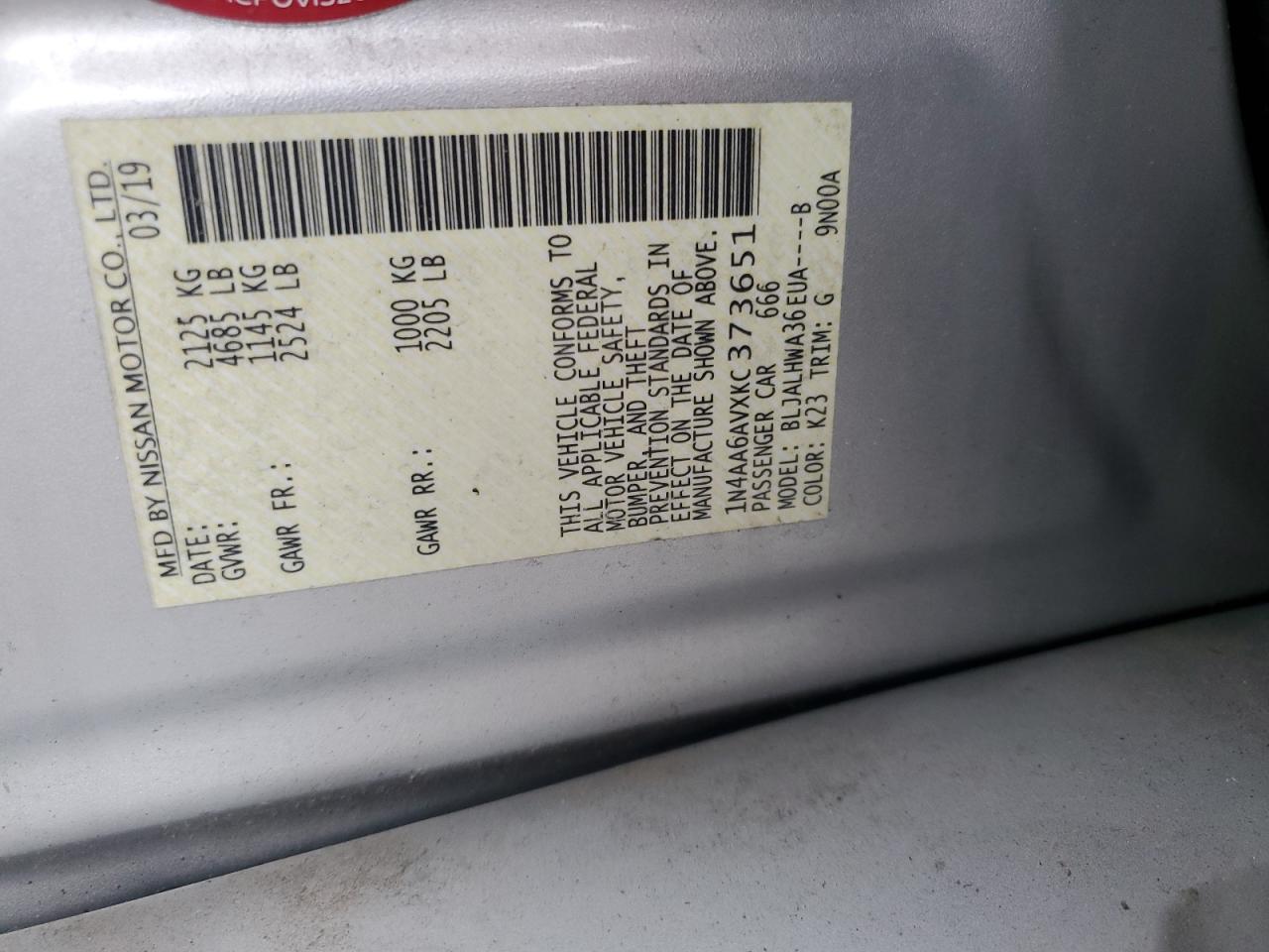 2019 Nissan Maxima S VIN: 1N4AA6AVXKC373651 Lot: 81067615