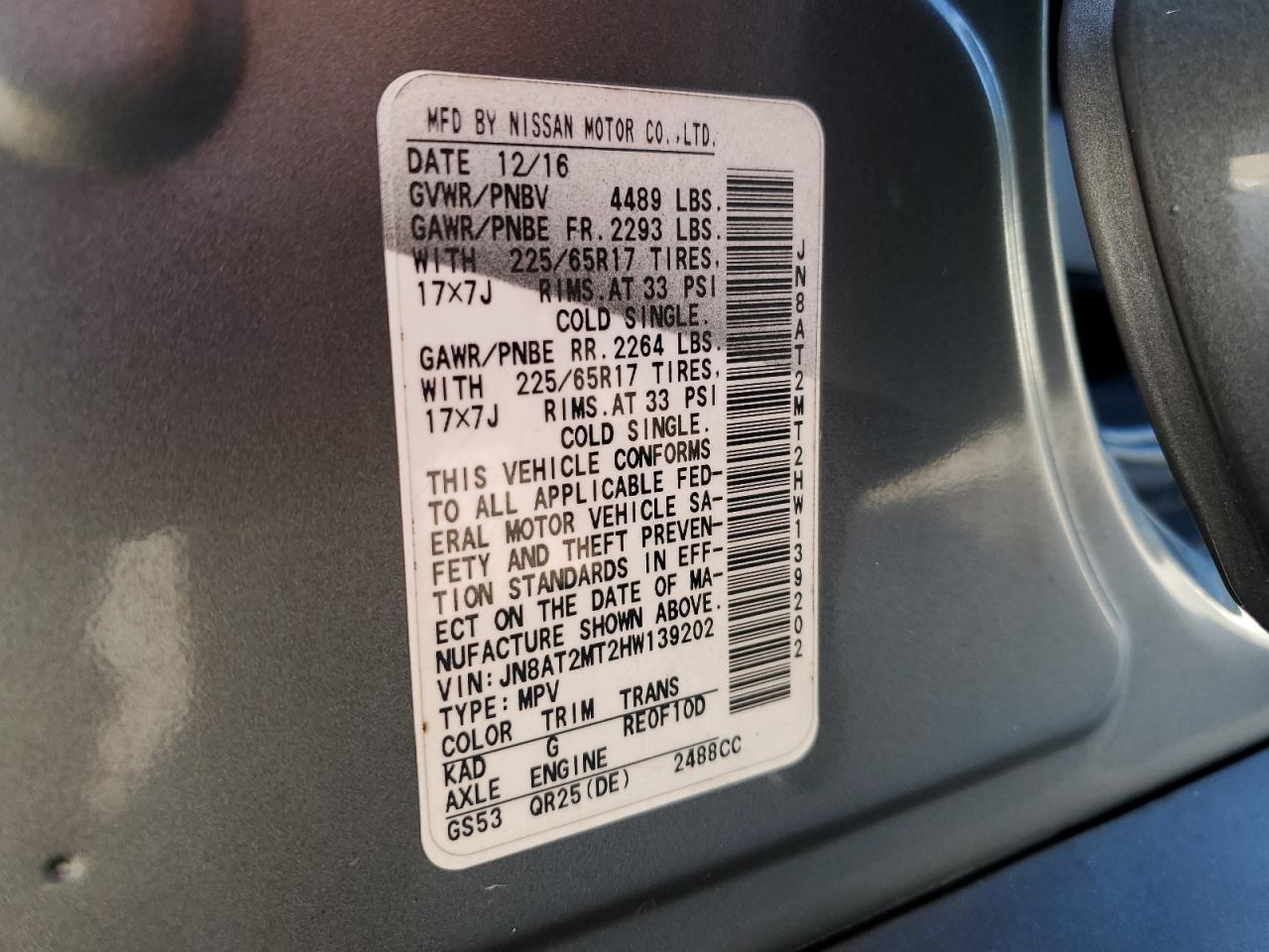 2017 Nissan Rogue S VIN: JN8AT2MT2HW139202 Lot: 81212305