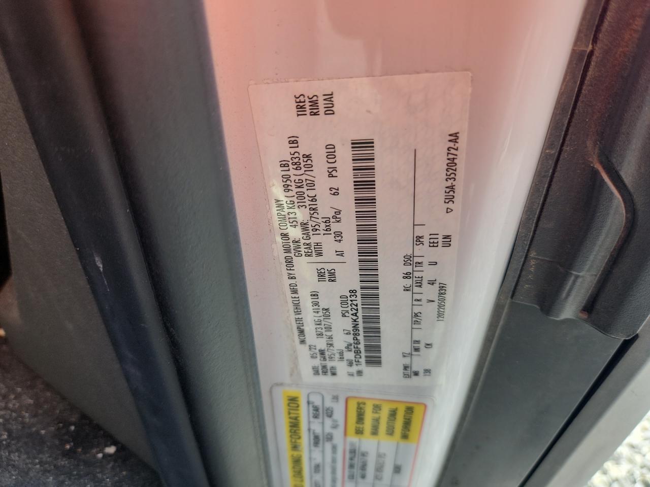 2022 Ford Transit T-350 Hd VIN: 1FDBF6P89NKA22138 Lot: 70670405