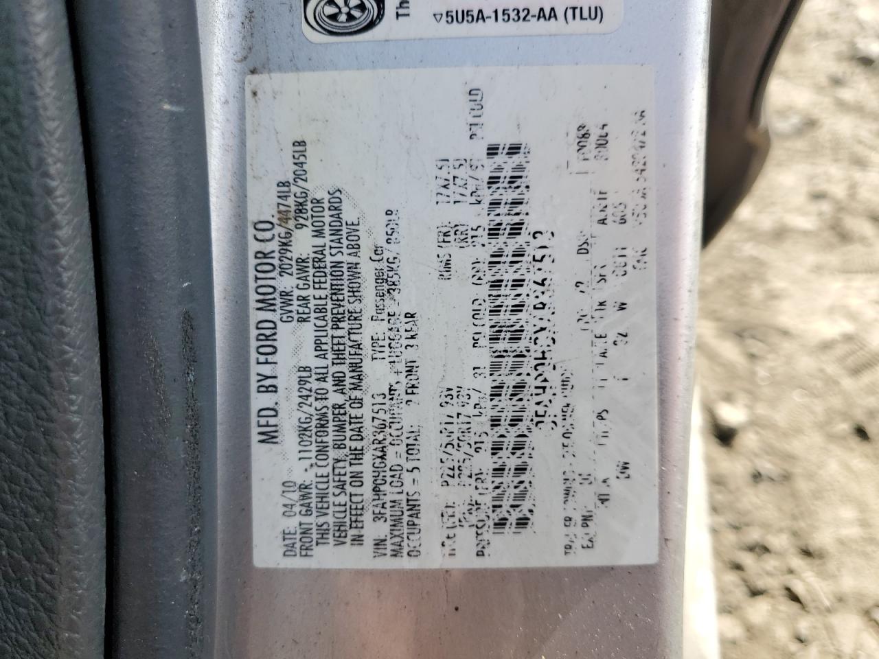 2010 Ford Fusion Se VIN: 3FAHP0HGXAR367513 Lot: 80340105