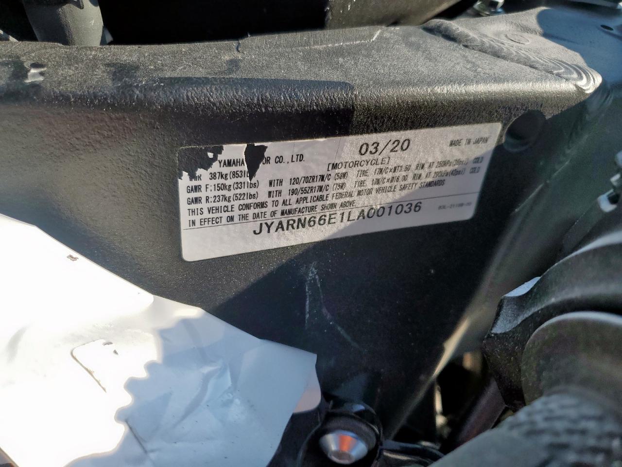 2020 Yamaha Yzfr1 VIN: JYARN66E1LA001036 Lot: 71249915