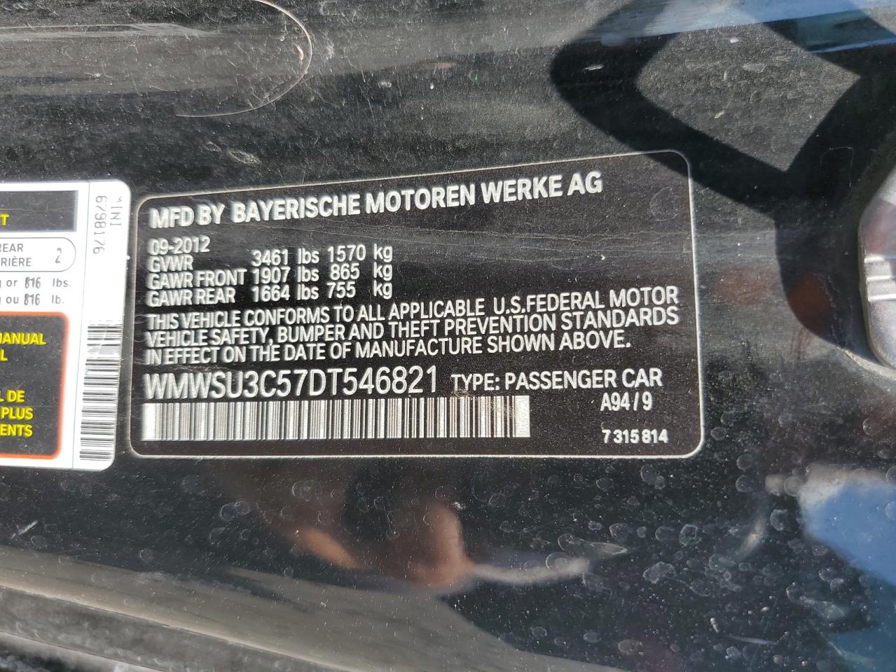 2013 Mini Cooper VIN: WMWSU3C57DT546821 Lot: 81158015