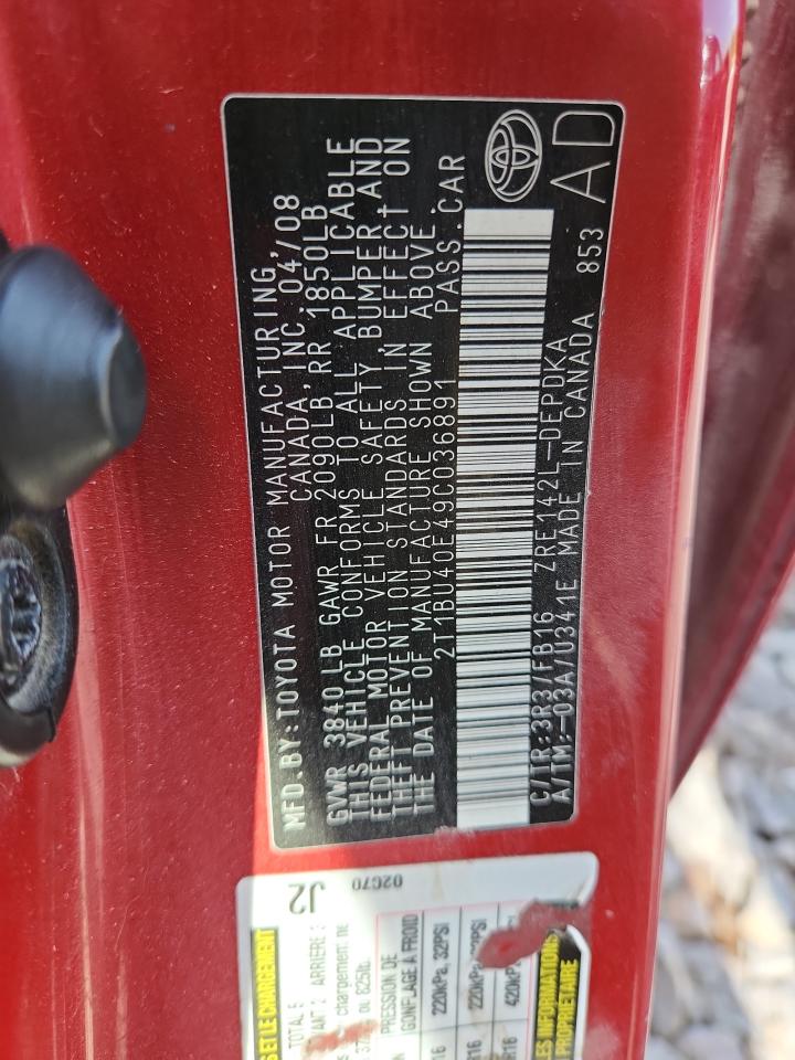 2009 Toyota Corolla Base VIN: 2T1BU40E49C036891 Lot: 84758845