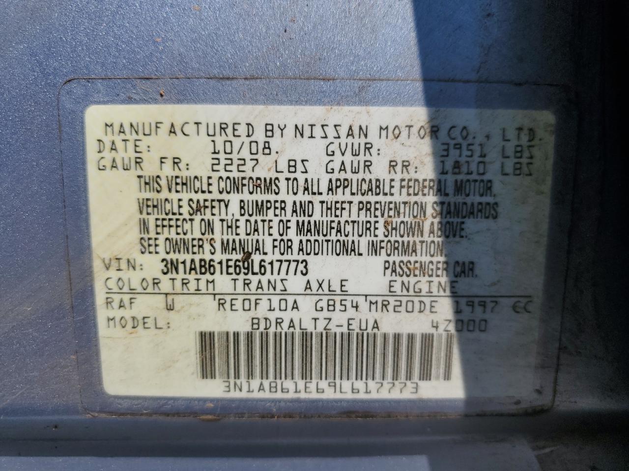 2009 Nissan Sentra 2.0 VIN: 3N1AB61E69L617773 Lot: 80748385