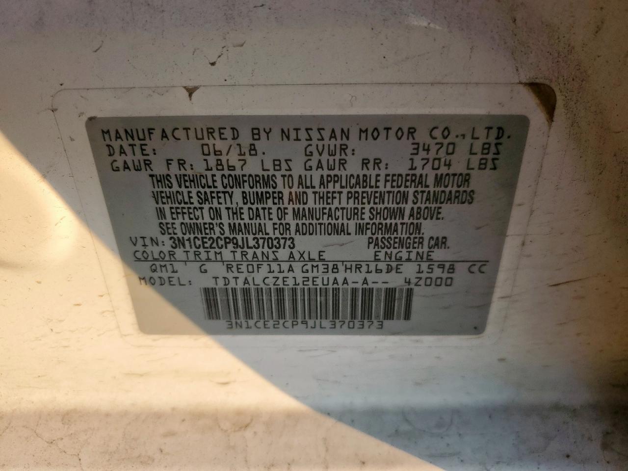 2018 Nissan Versa Note S VIN: 3N1CE2CP9JL370373 Lot: 81108505