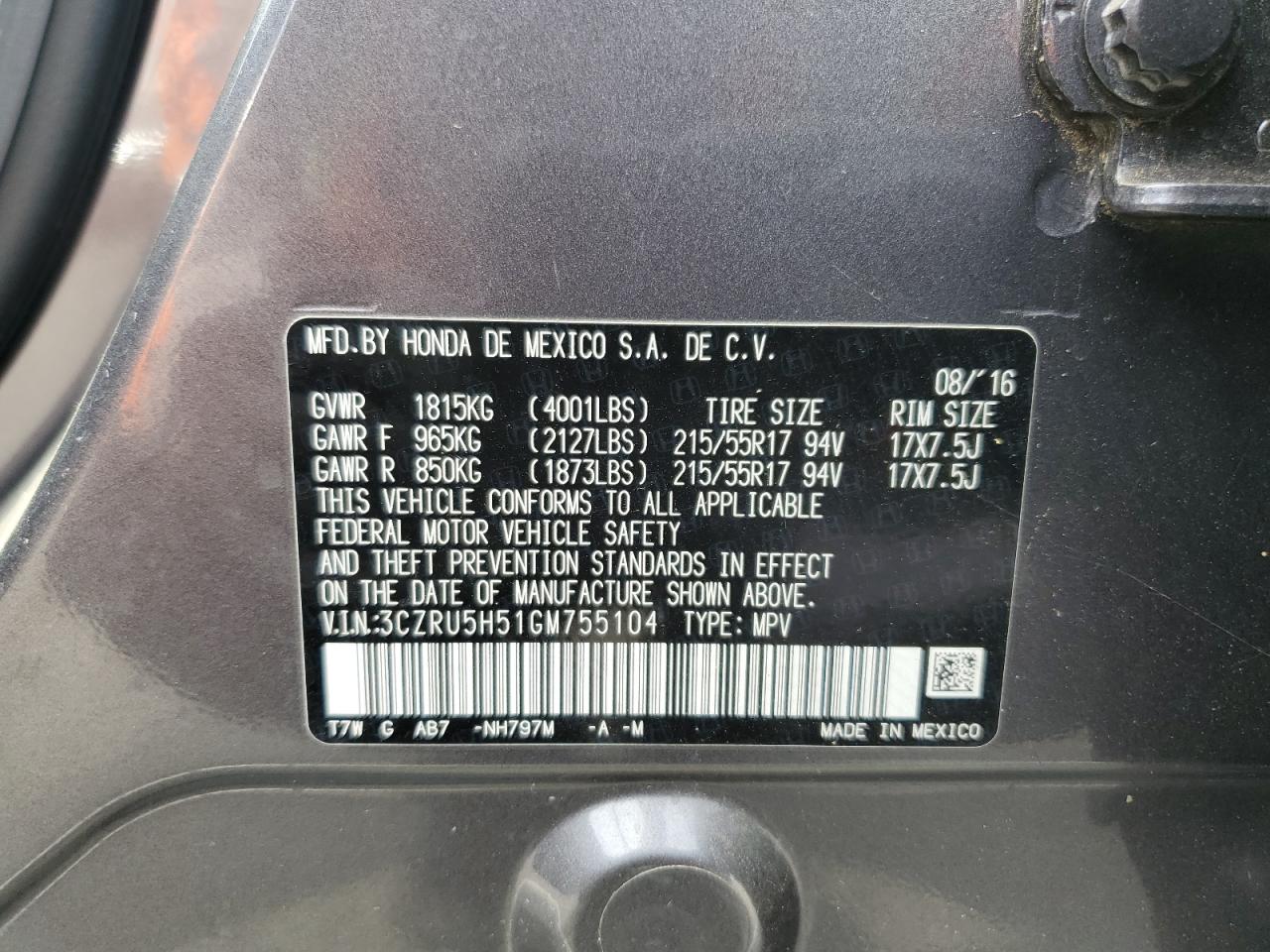 2016 Honda Hr-V Ex VIN: 3CZRU5H51GM755104 Lot: 80843705