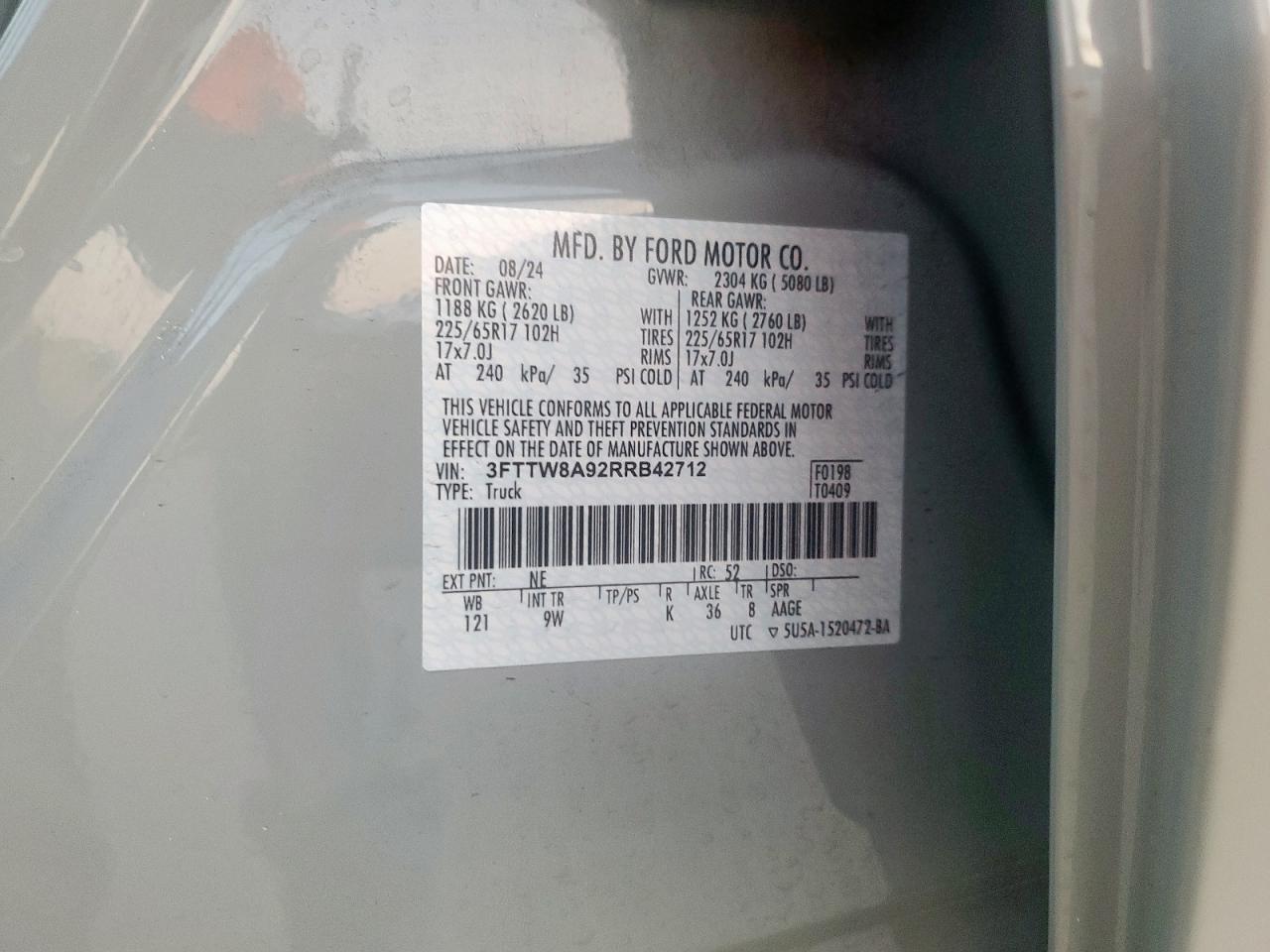 2024 Ford Maverick Xl VIN: 3FTTW8A92RRB42712 Lot: 81316555