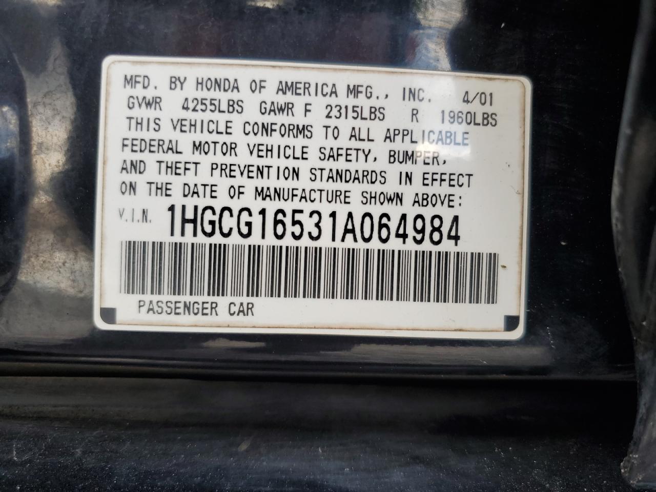 2001 Honda Accord Ex VIN: 1HGCG16531A064984 Lot: 82175805