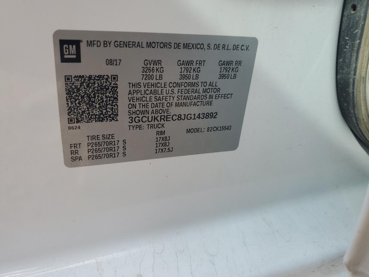 2018 Chevrolet Silverado K1500 Lt VIN: 3GCUKREC8JG143892 Lot: 82059655