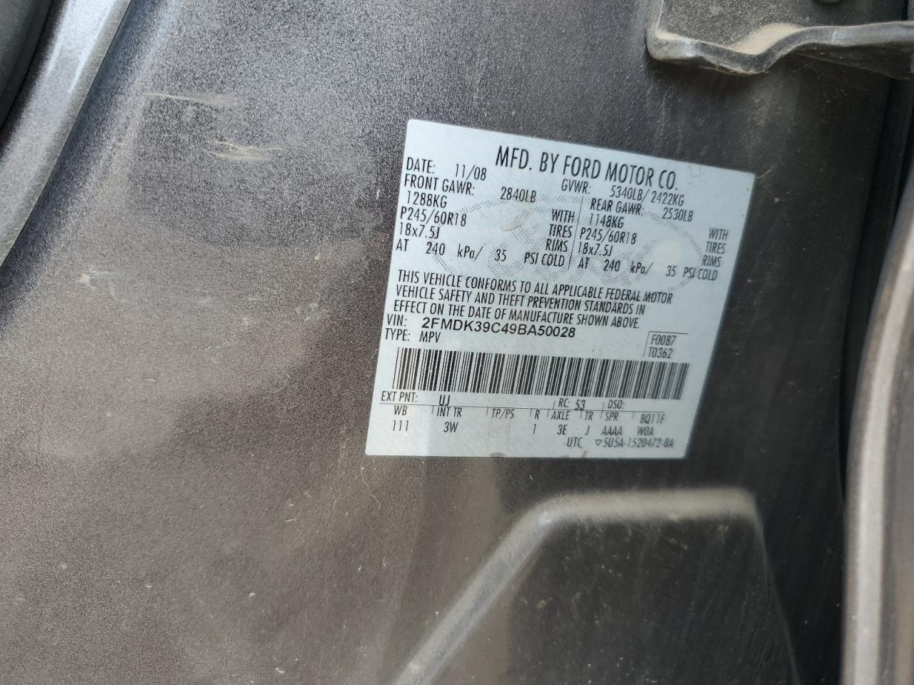 2009 Ford Edge Limited VIN: 2FMDK39C49BA50028 Lot: 72060745