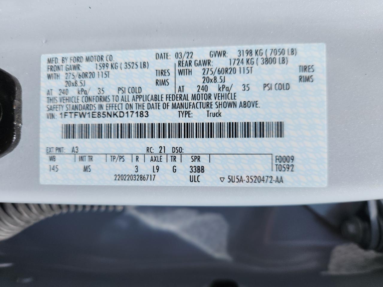 2022 Ford F150 Supercrew VIN: 1FTFW1E85NKD17183 Lot: 72005385