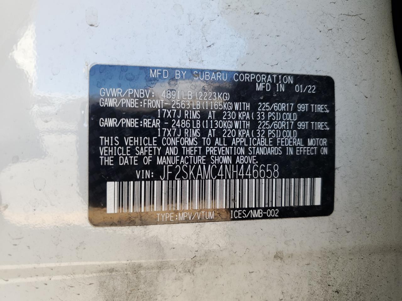 2022 Subaru Forester Wilderness VIN: JF2SKAMC4NH446658 Lot: 81692665