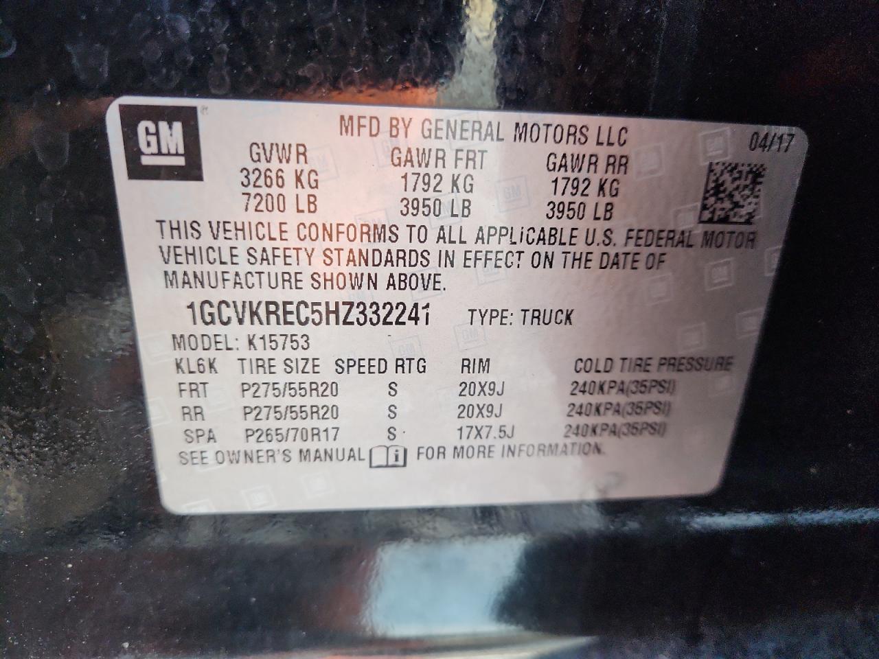 2017 Chevrolet Silverado K1500 Lt VIN: 1GCVKREC5HZ332241 Lot: 80271015