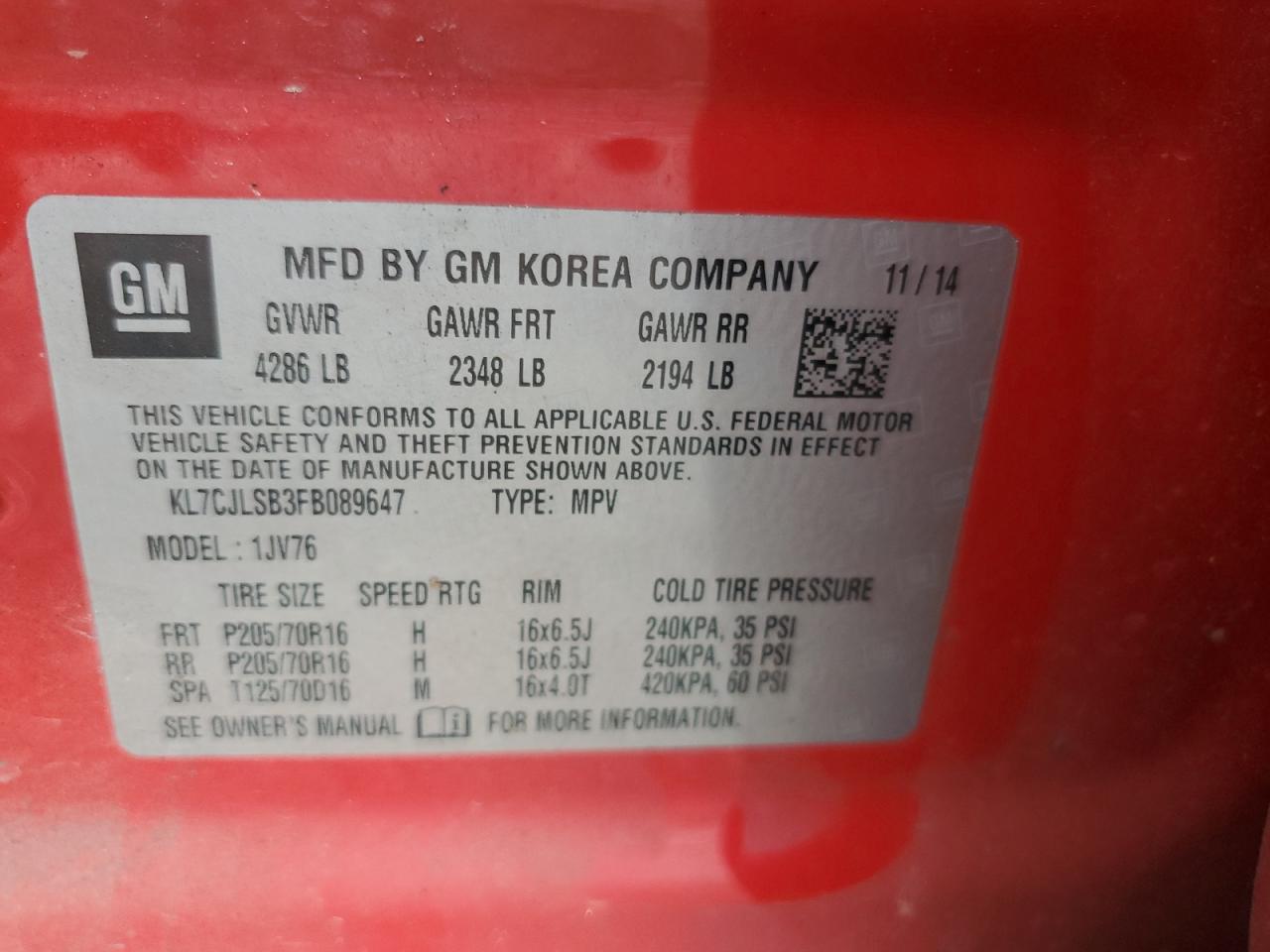 2015 Chevrolet Trax 1Lt VIN: KL7CJLSB3FB089647 Lot: 80820655