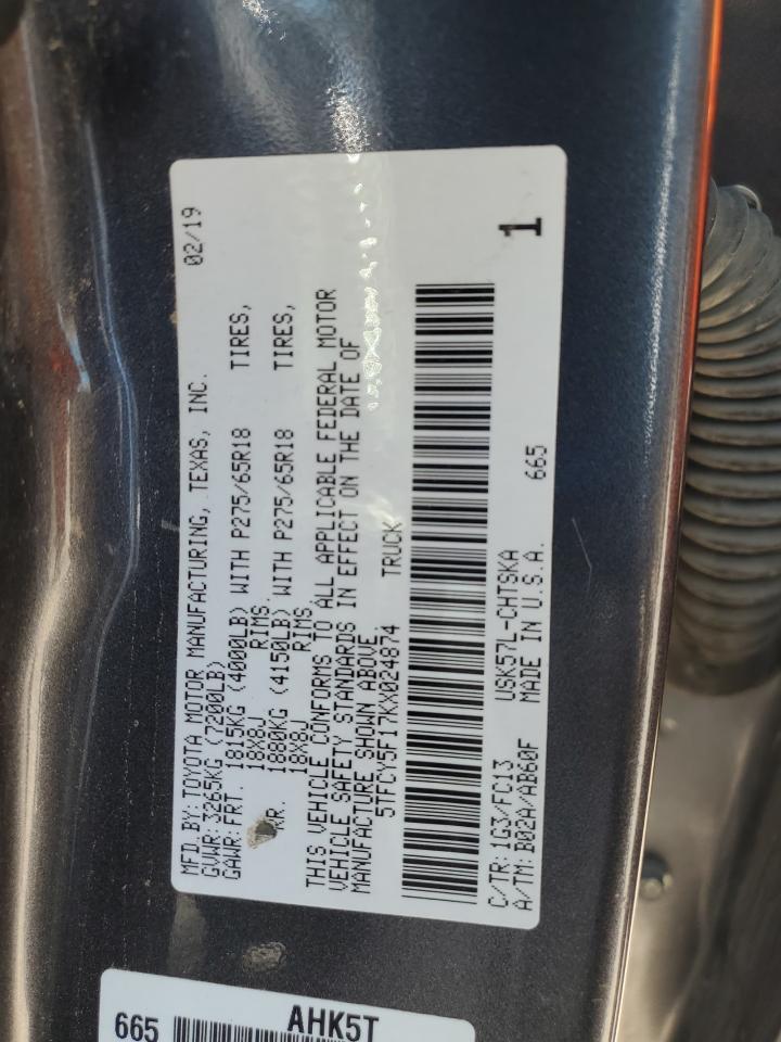 2019 Toyota Tundra Double Cab Sr VIN: 5TFCY5F17KX024874 Lot: 80371275