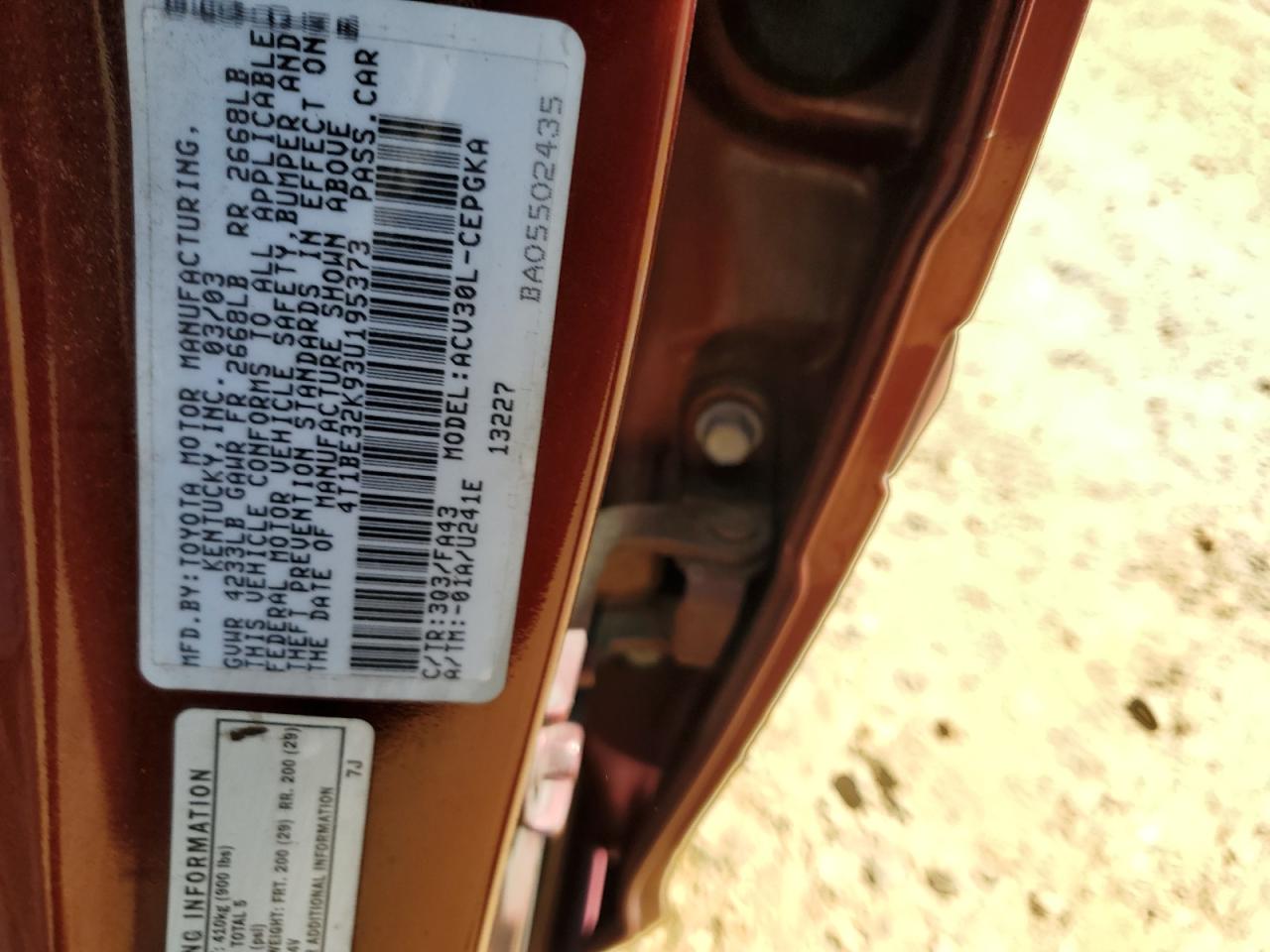 2003 Toyota Camry Le VIN: 4T1BE32K93U195373 Lot: 71675385