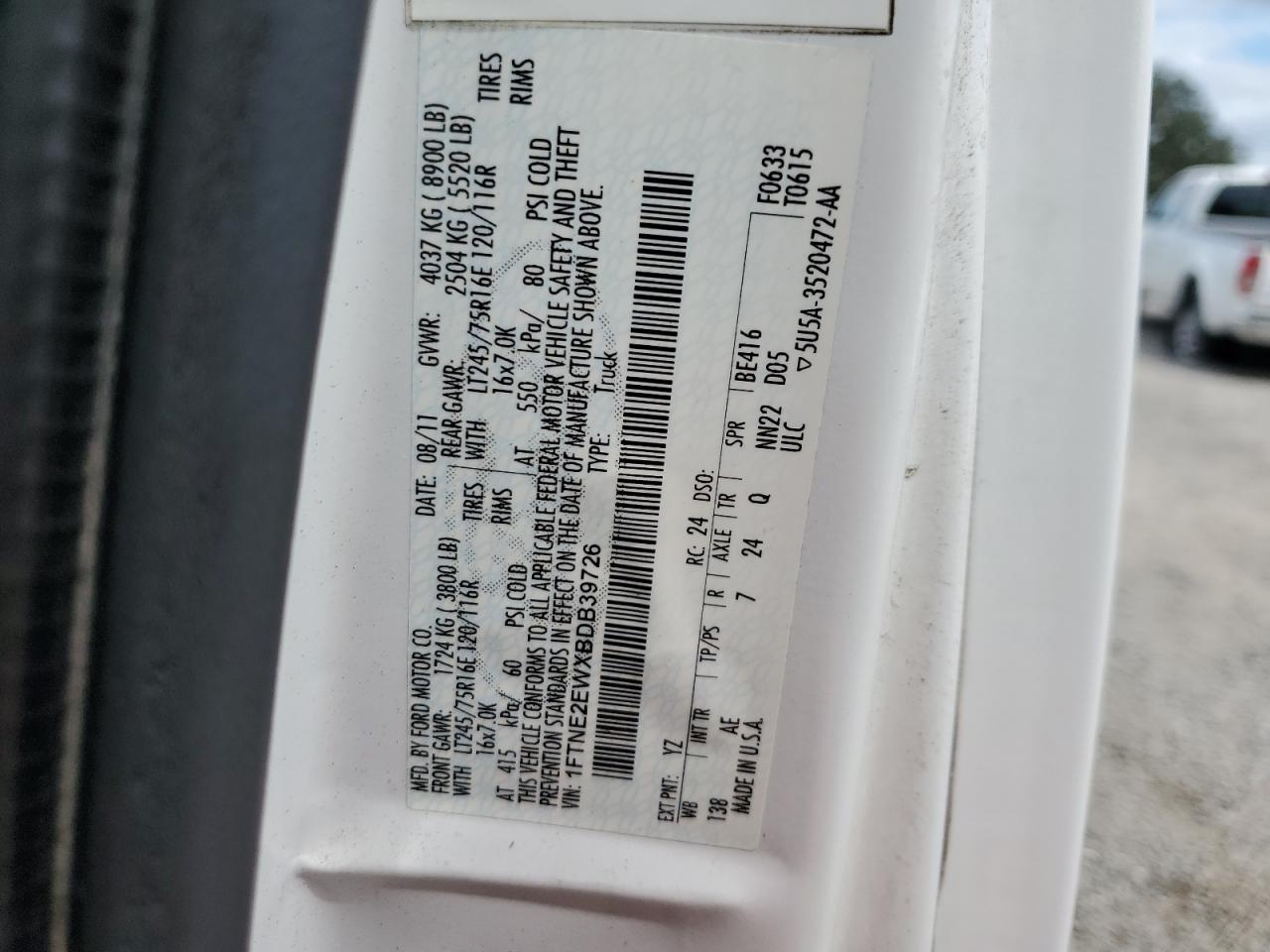 2011 Ford Econoline E250 Van VIN: 1FTNE2EWXBDB39726 Lot: 80316725