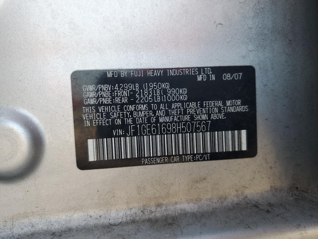 2008 Subaru Impreza 2.5I VIN: JF1GE61698H507567 Lot: 91434235