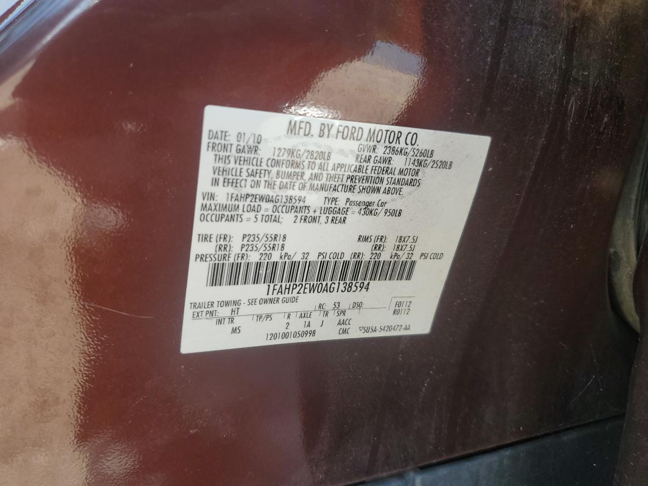 2010 Ford Taurus Sel VIN: 1FAHP2EW0AG138594 Lot: 72095535