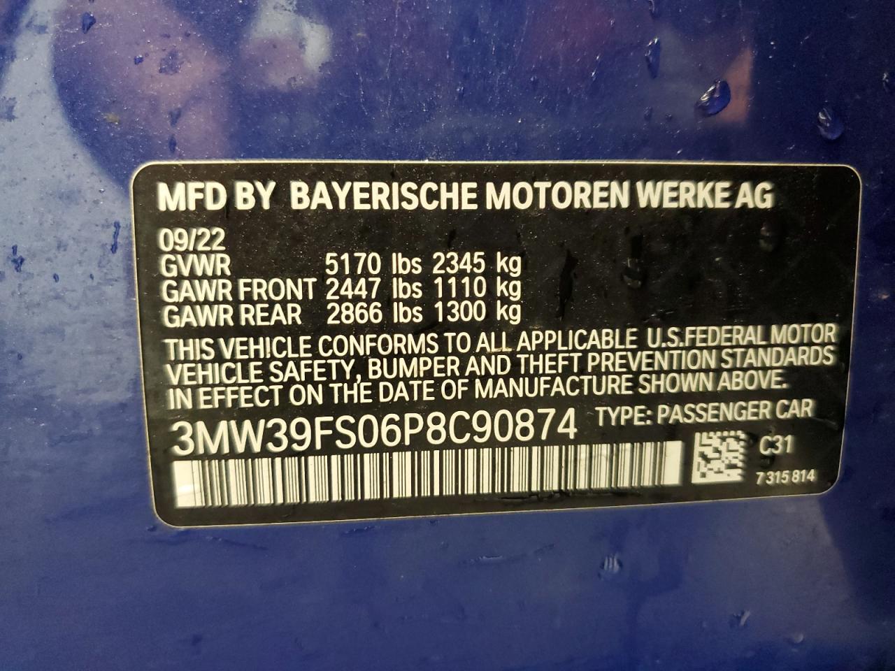 2023 BMW 330Xe VIN: 3MW39FS06P8C90874 Lot: 82032605