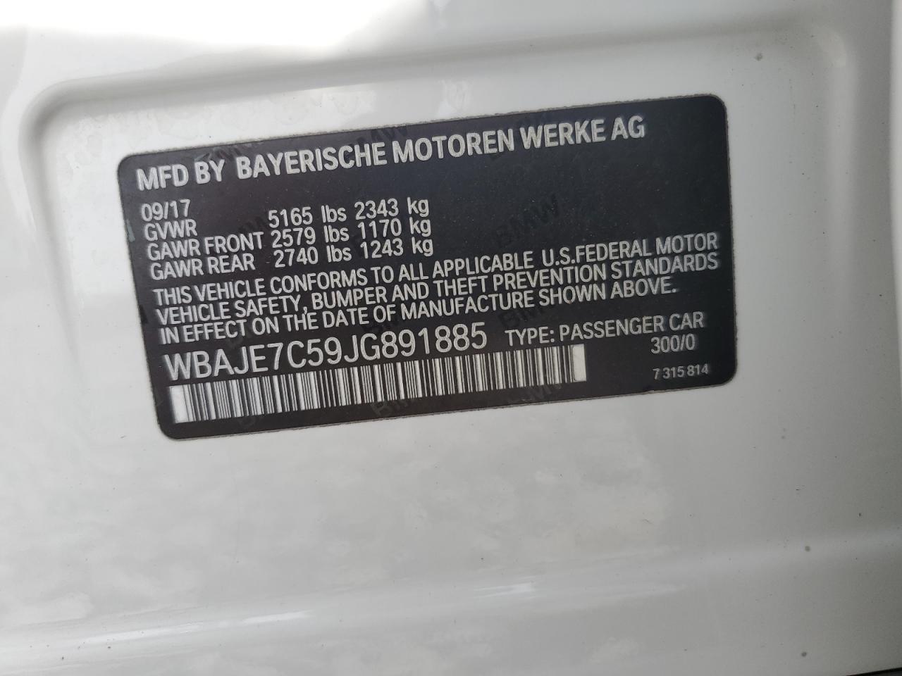 2018 BMW 540 Xi VIN: WBAJE7C59JG91885 Lot: 71668125