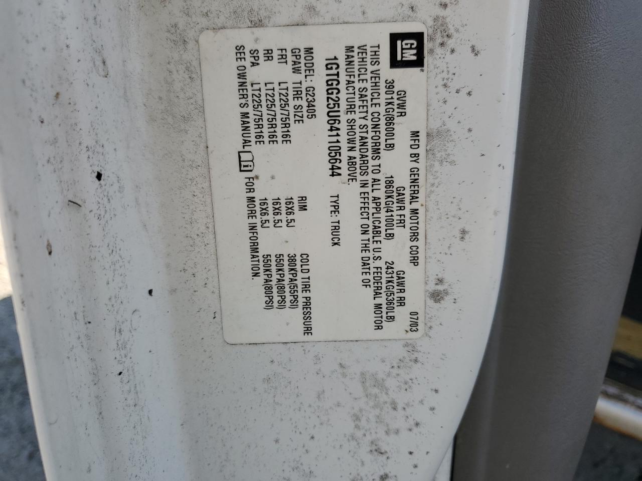 2004 GMC Savana G2500 VIN: 1GTGG25U641105644 Lot: 80522495