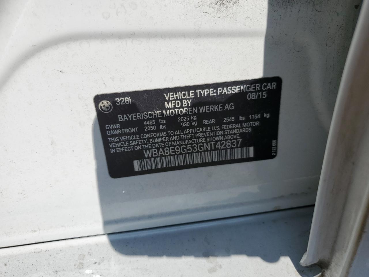 2016 BMW 328 I Sulev VIN: WBA8E9G53GNT42837 Lot: 81867765