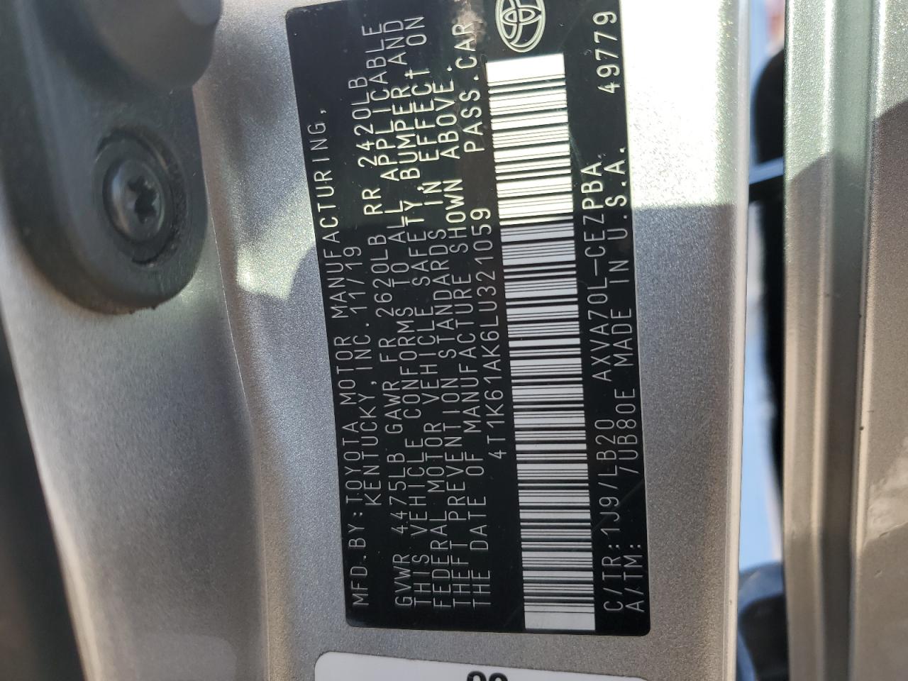 2020 Toyota Camry Xse VIN: 4T1K61AK6LU321059 Lot: 82048705