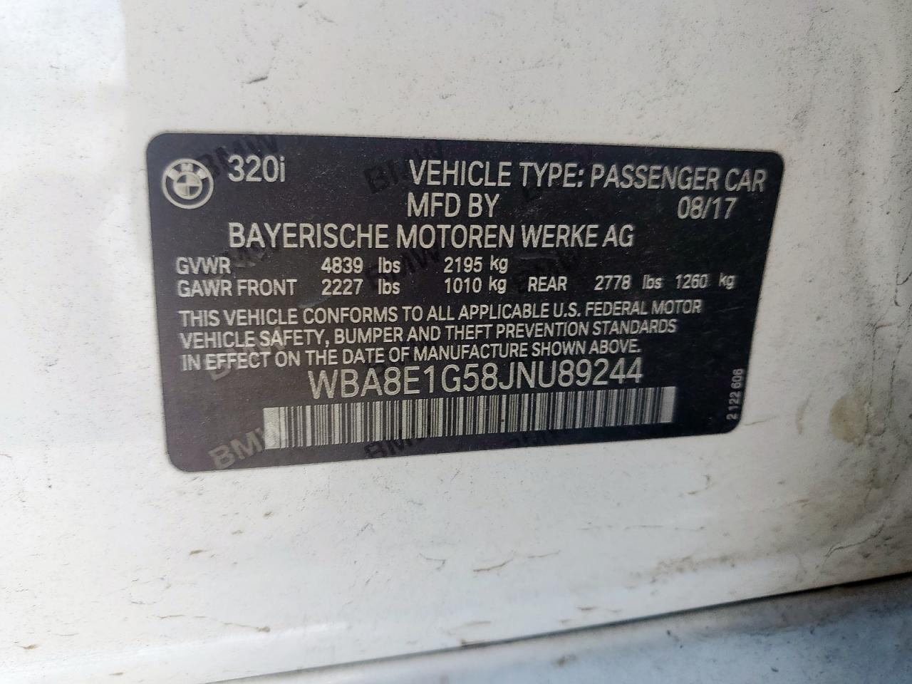 2018 BMW 320 I VIN: WBA8E1G58JNU89244 Lot: 81389415