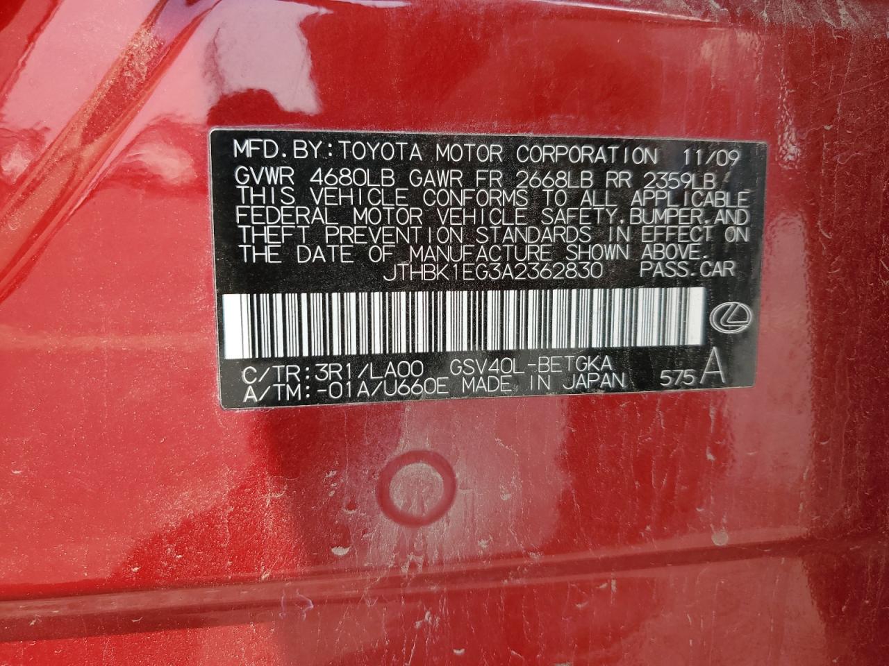 2010 Lexus Es 350 VIN: JTHBK1EG3A2362830 Lot: 71459005