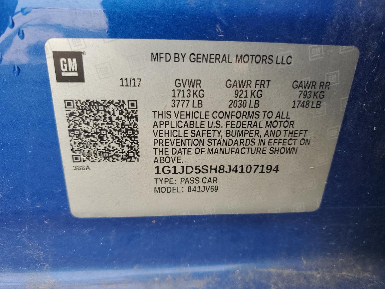 2018 Chevrolet Sonic Lt VIN: 1G1JD5SH8J4107194 Lot: 71980935