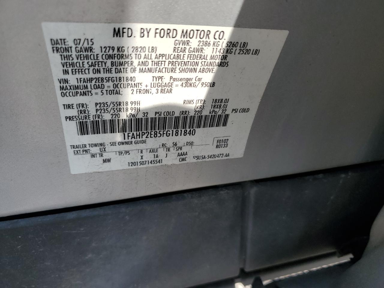 2015 Ford Taurus Sel VIN: 1FAHP2E85FG181840 Lot: 72016245