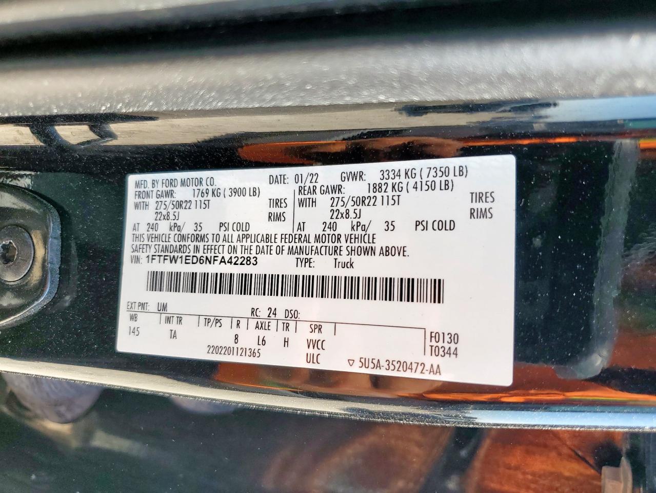 2022 Ford F150 Supercrew VIN: 1FTFW1ED6NFA42283 Lot: 84553245