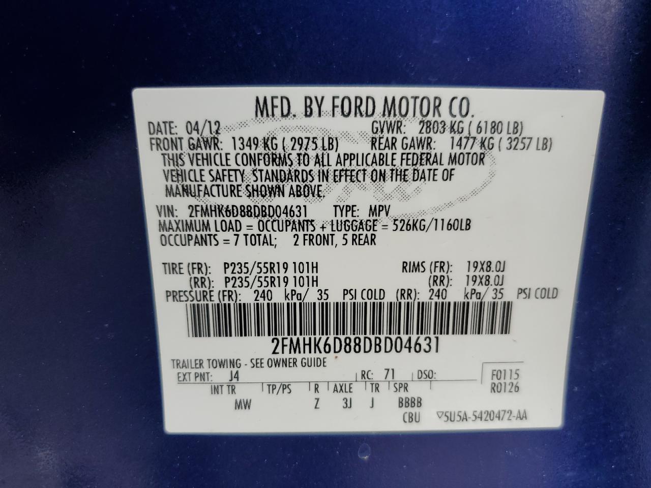 2013 Ford Flex Limited VIN: 2FMHK6D88DBD04631 Lot: 81924245