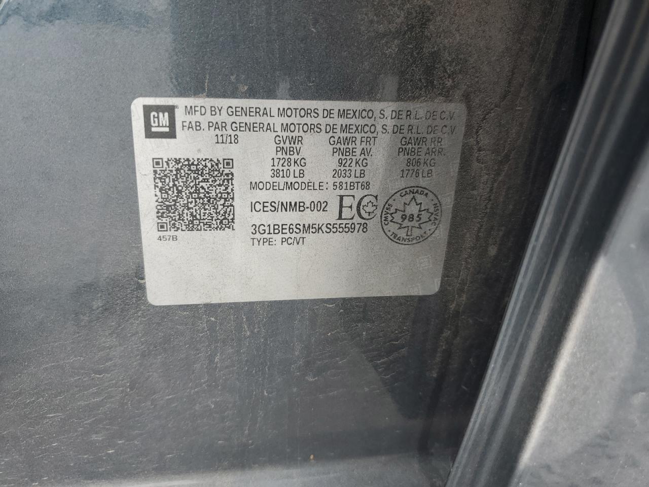 2019 Chevrolet Cruze Lt VIN: 3G1BE6SM5KS555978 Lot: 71033325