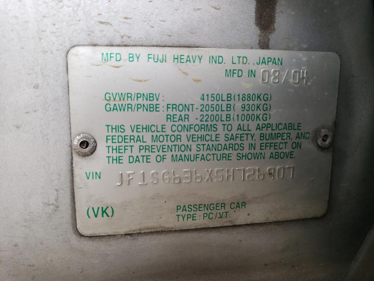 2005 Subaru Forester 2.5X VIN: JF1SG636X5H726907 Lot: 71927865