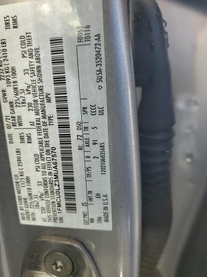2021 Ford Escape Titanium VIN: 1FMCU0LZ3MUA67570 Lot: 71068595