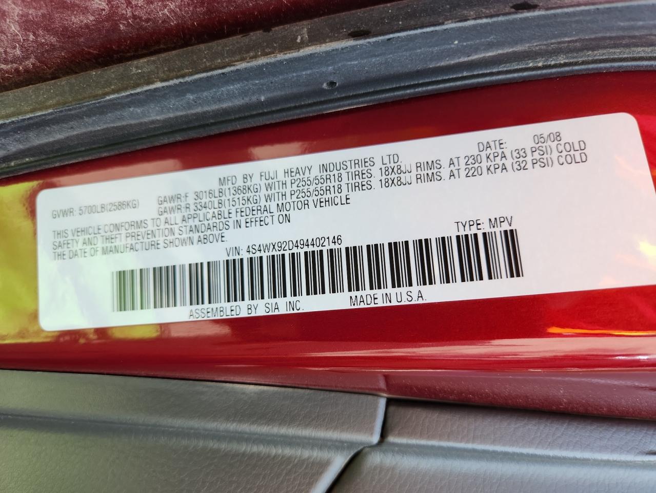 2009 Subaru Tribeca Limited VIN: 4S4WX92D494402146 Lot: 80803335