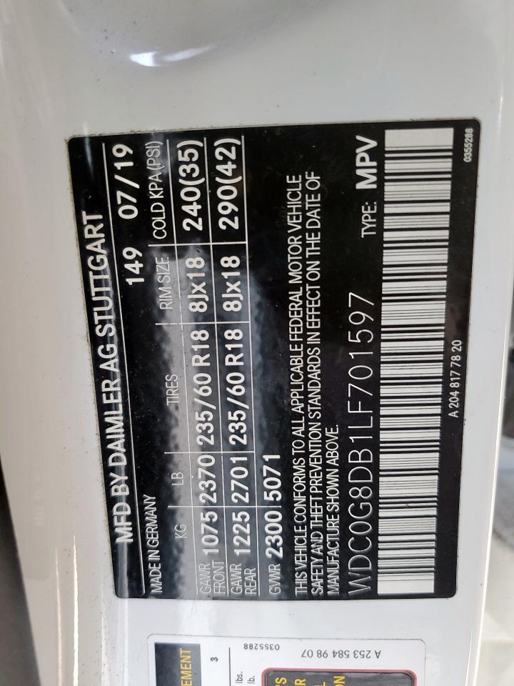 2020 Mercedes-Benz Glc 300 VIN: WDC0G8DB1LF701597 Lot: 81426425