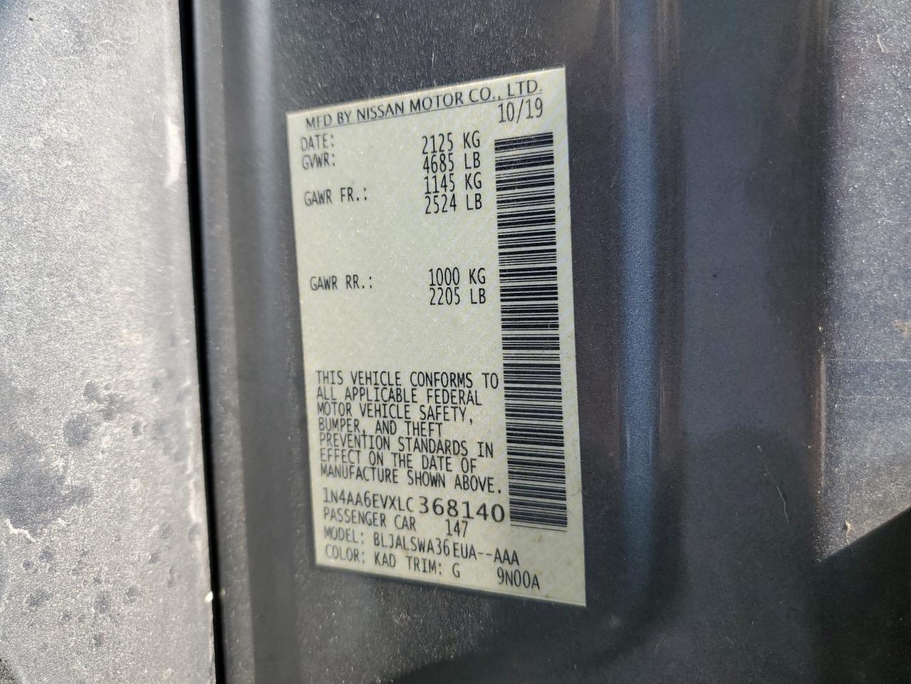 2020 Nissan Maxima Sr VIN: 1N4AA6EVXLC368140 Lot: 80136165