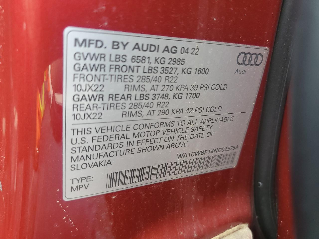 2022 Audi Sq8 Prestige VIN: WA1CWBF14ND025758 Lot: 84240325