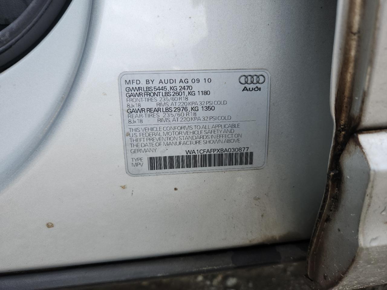 2011 Audi Q5 Premium VIN: WA1CFAFPXBA030877 Lot: 83788345