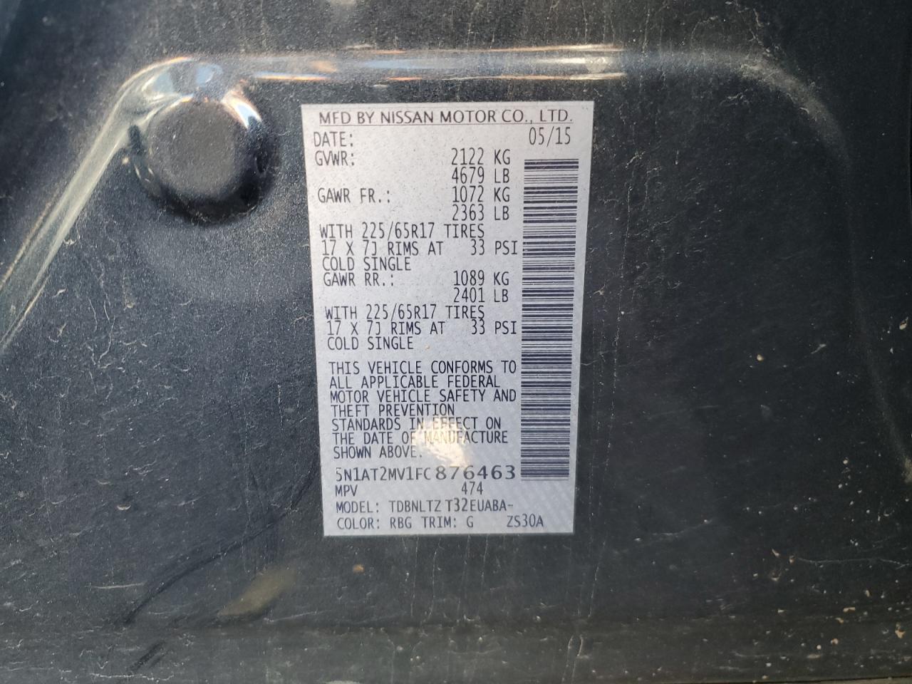 2015 Nissan Rogue S VIN: 5N1AT2MV1FC876463 Lot: 80399035