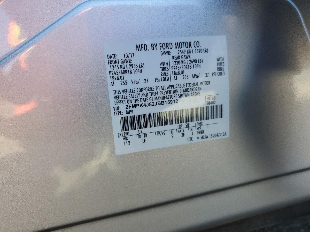 2018 Ford Edge Sel VIN: 2FMPK4J82JBB15912 Lot: 84433355