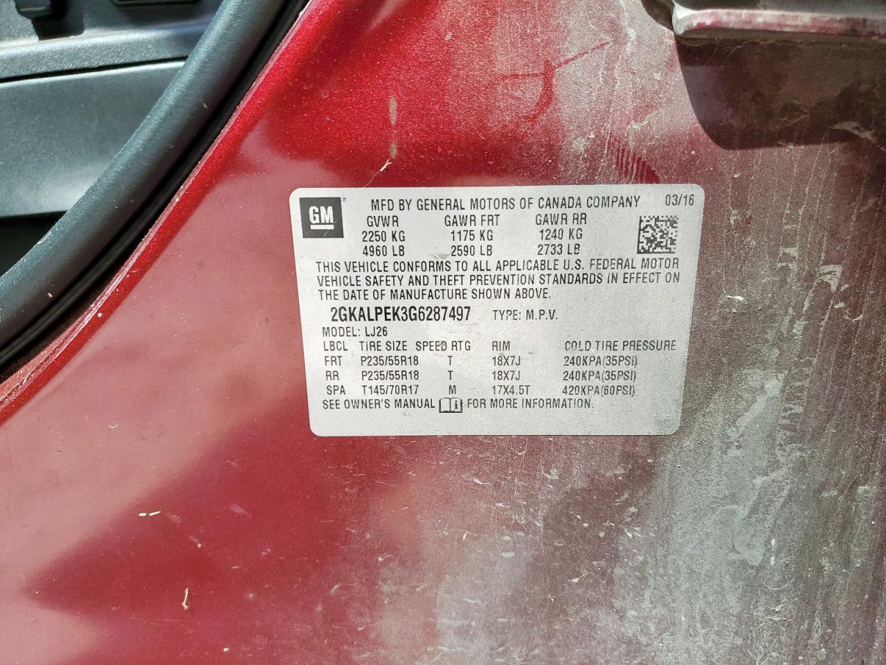 2016 GMC Terrain Slt VIN: 2GKALPEK3G6287497 Lot: 81322305